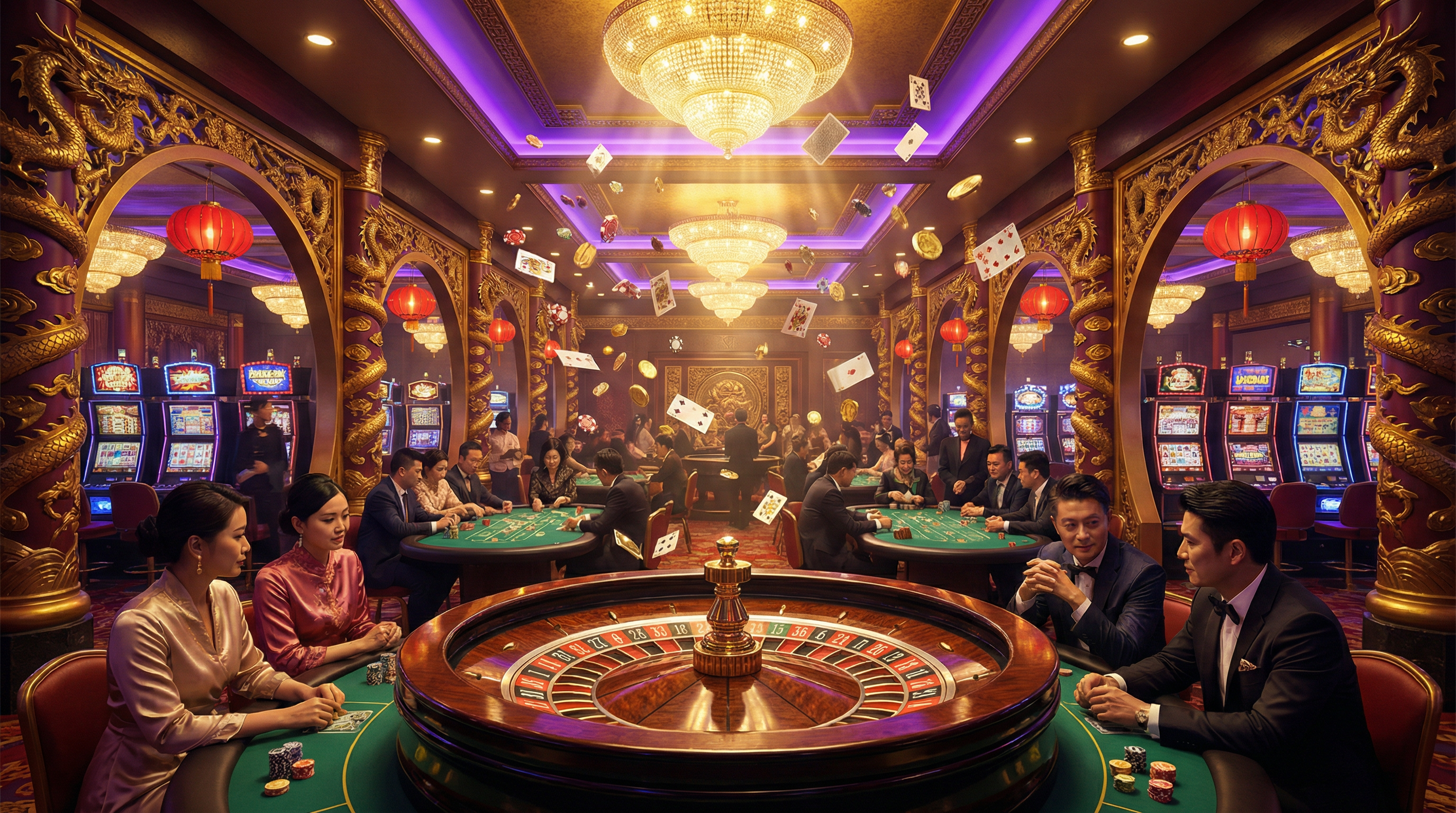 博彩导航豪华博彩大厅展示,包含轮盘、扑克桌和老虎机